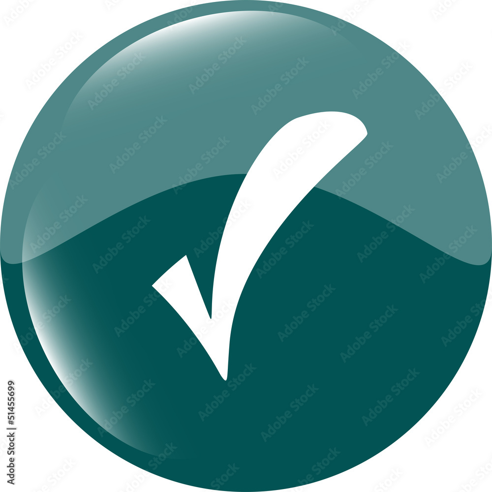 Poster green glossy web button with check mark sign. rounded shape icon