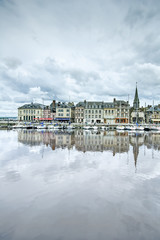 Honfleur skyline and harbor with reflection. Normandy, France