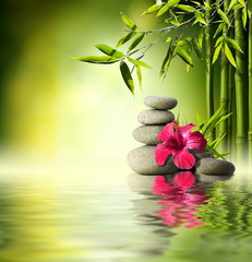 Fototapety  Kamienie, czerwony hibiskus i bambus na wodzie