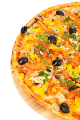 Tasty pizza with vegetables, chicken and olives isolated