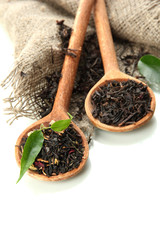 Dry tea with green leaves in wooden spoons, isolated on white