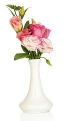 Bouquet of eustoma flowers in vase isolated on white