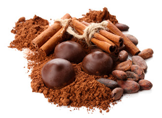 Composition of chocolate sweets, cocoa and spices, isolated