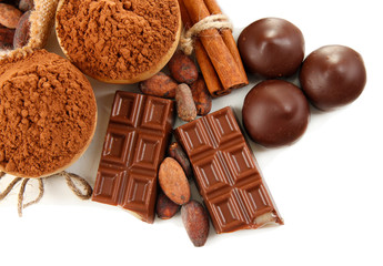 Composition of chocolate sweets, cocoa and spices, isolated