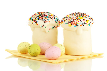 Easter cake with sugar glaze and eggs isolated on white