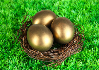 Three golden eggs in nest on grass