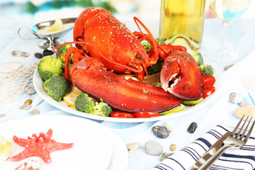 Red lobster on platter on serving table close-up
