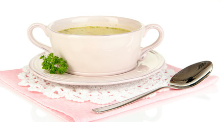 Nourishing soup with vegetables in pan isolated on white