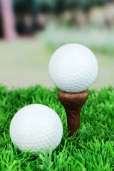 Golf balls on grass outdoor close up