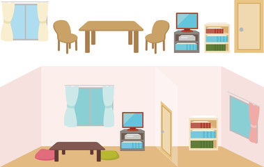 柔らかい色合いの部屋と家具