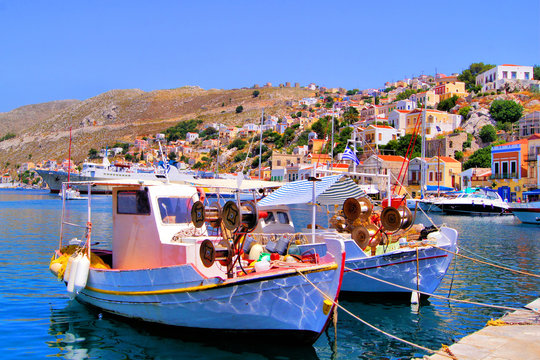 Colorful harbor of the Greek village of Symi