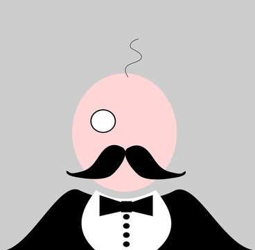 bald man with monocle and tuxedo