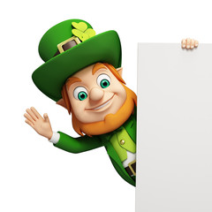 Leprechaun for st patrick's day stands behind white sign