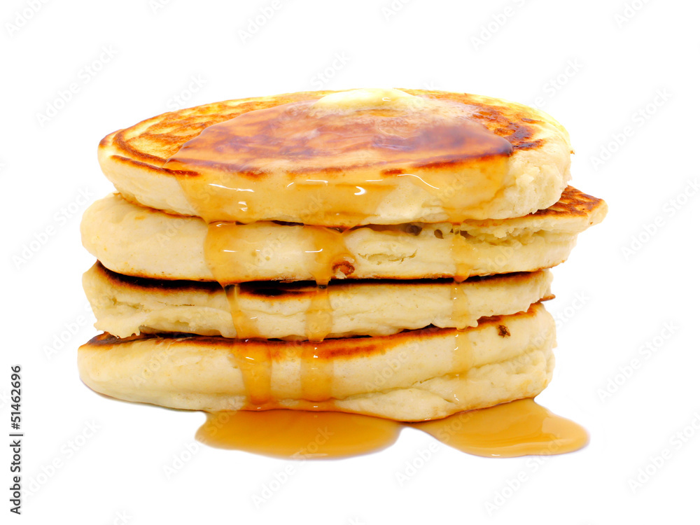 Wall mural stack of breakfast pancakes with dripping syrup isolated