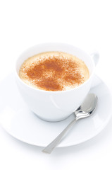Cappuccino with cinnamon in a white cup isolated