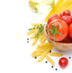 fresh tomatoes, penne pasta, spaghetti and spices isolated