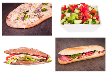 Fresh baguette and salad, pizza collection 