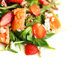 Gourmet food - salad with salmon, restaurant background