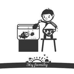 The kid feeds aquarian fishes with strawberry jam