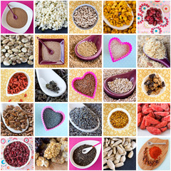 Naturopathie : Assortiment d'aliments (graines, fruits...)