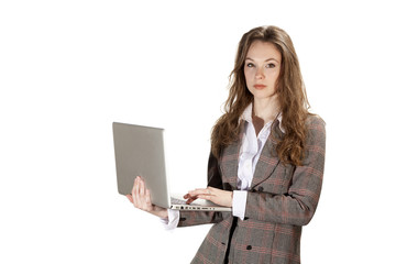 Confident boss with a laptop in hands isolated on white