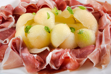 Italian appetizer, ham parma proscuitto with melon