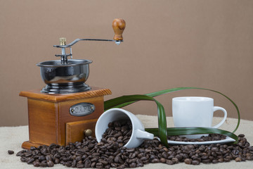 Granos de café natural para moler y molinillo clásico.