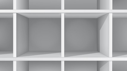 Empty white shelves, front view