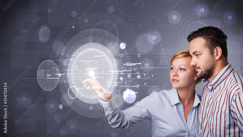 Poster happy couple touching abstract high technology circular buttons