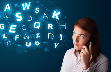 Young lady making phone call with shiny characters