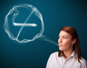 Young lady smoking unhealthy cigarette with no smoking sign