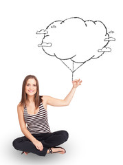 Young lady holding cloud balloon drawing