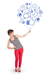 Happy lady holding social icon balloon