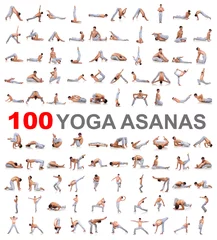 Schilderijen op glas 100 yoga poses on white background © Aleksandr Doodko