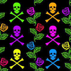 Seamless pattern of roses and skulls