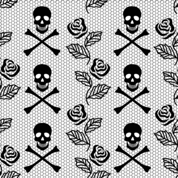 Seamless pattern of roses and skulls