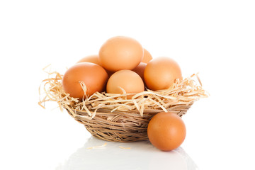 Brown eggs in the basket on white.