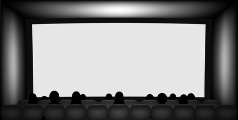 Blank cinema screen and people silhouettes on seats