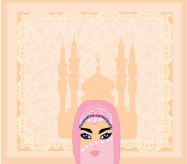 beautiful muslim women on mosque background.