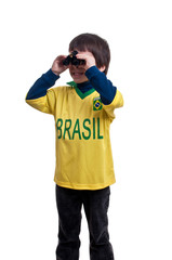 Portrait of a boy with binoculars over white background