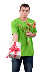 young man with a bouquet of tulips and gift box