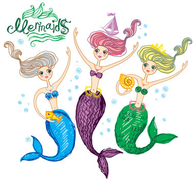 Three cute, funny mermaids.