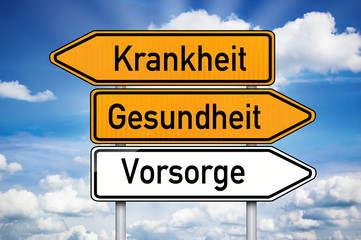Wegweiser mit Krankheit, Gesundheit und Vorsorge