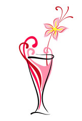 Alcohol sweet cocktail in glass with tropical flower decor