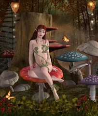 Photo sur Plexiglas Fées et elfes Les secrets du bois - La fée Beautifu est assise sur un champignon
