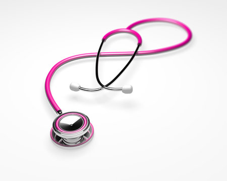 Pink stethoscope over white background with chrome trim