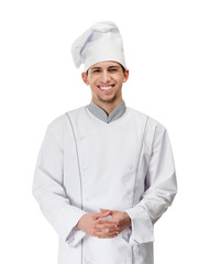 Portrait of smiling chef cook, isolated on white