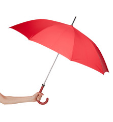 Zamyka up rozpieczętowany czerwony parasol w ręce, odizolowywający na bielu - 51491067