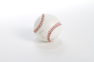 a worn and scuffed baseball shot on white