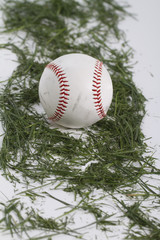 a worn baseball laying on blades of grass on white.